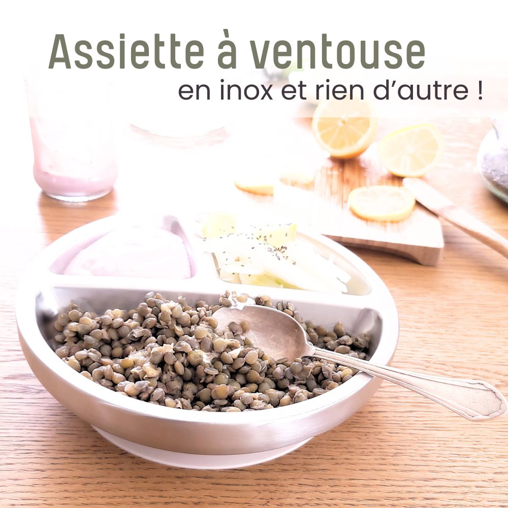 Une assiette inox &agrave; ventouse pour les repas de votre bambin sans plastique ! Une exclusivit&eacute; Joli MOnde.